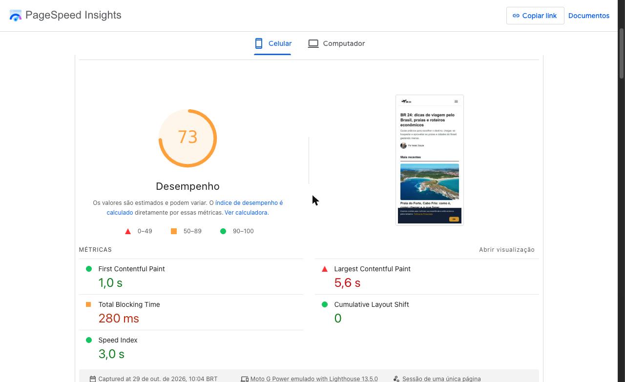 PageSpeed do BR24 com AdSense carregando de imediato: nota 73 e LCP 5,6 s