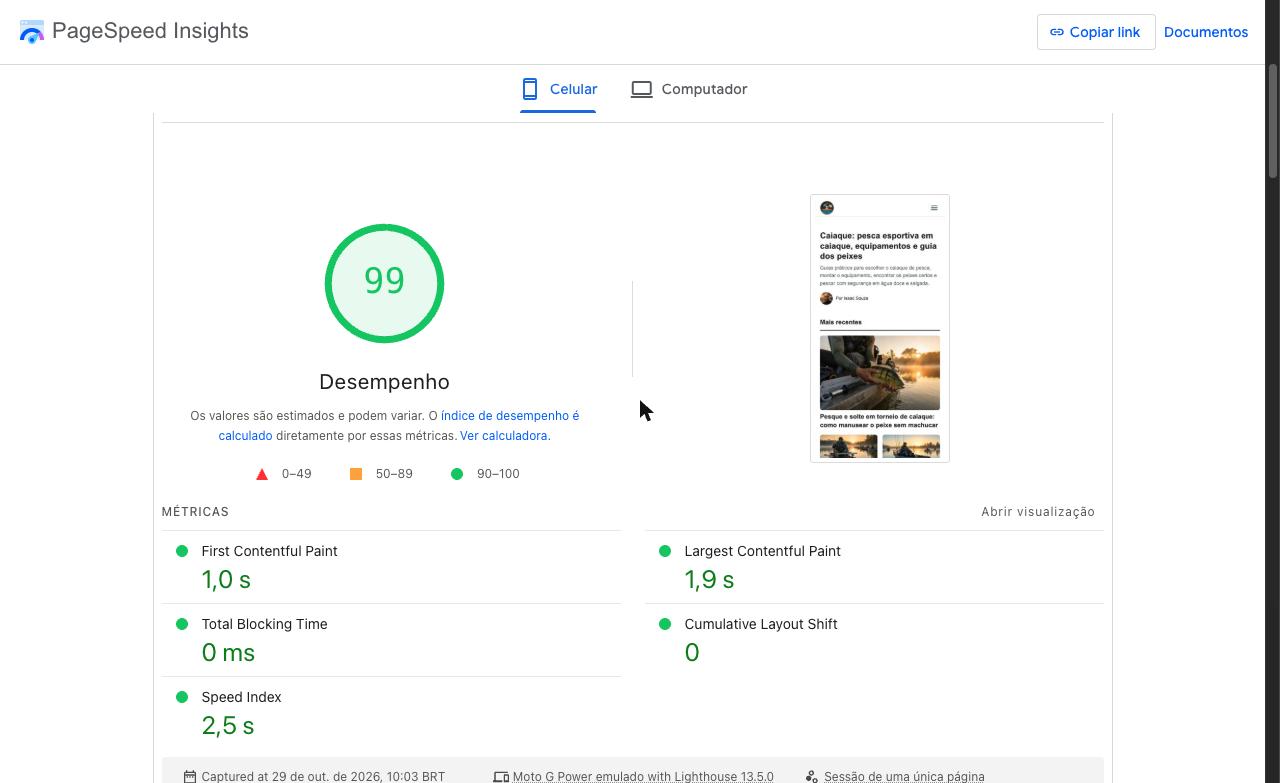 PageSpeed do Caiaque.net no celular: nota 99, LCP 1,9 s e CLS 0