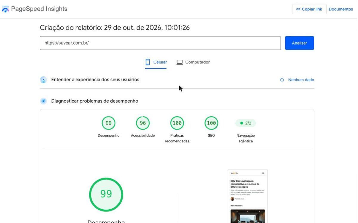 PageSpeed Insights do SUV Car no celular com nota 99 em desempenho
