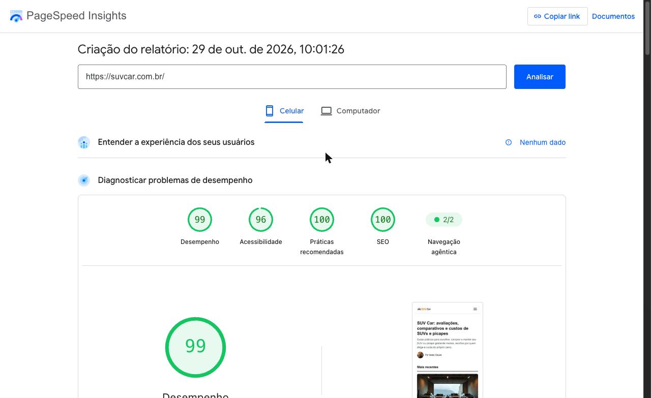 PageSpeed Insights do SUV Car no celular com nota 99 em desempenho