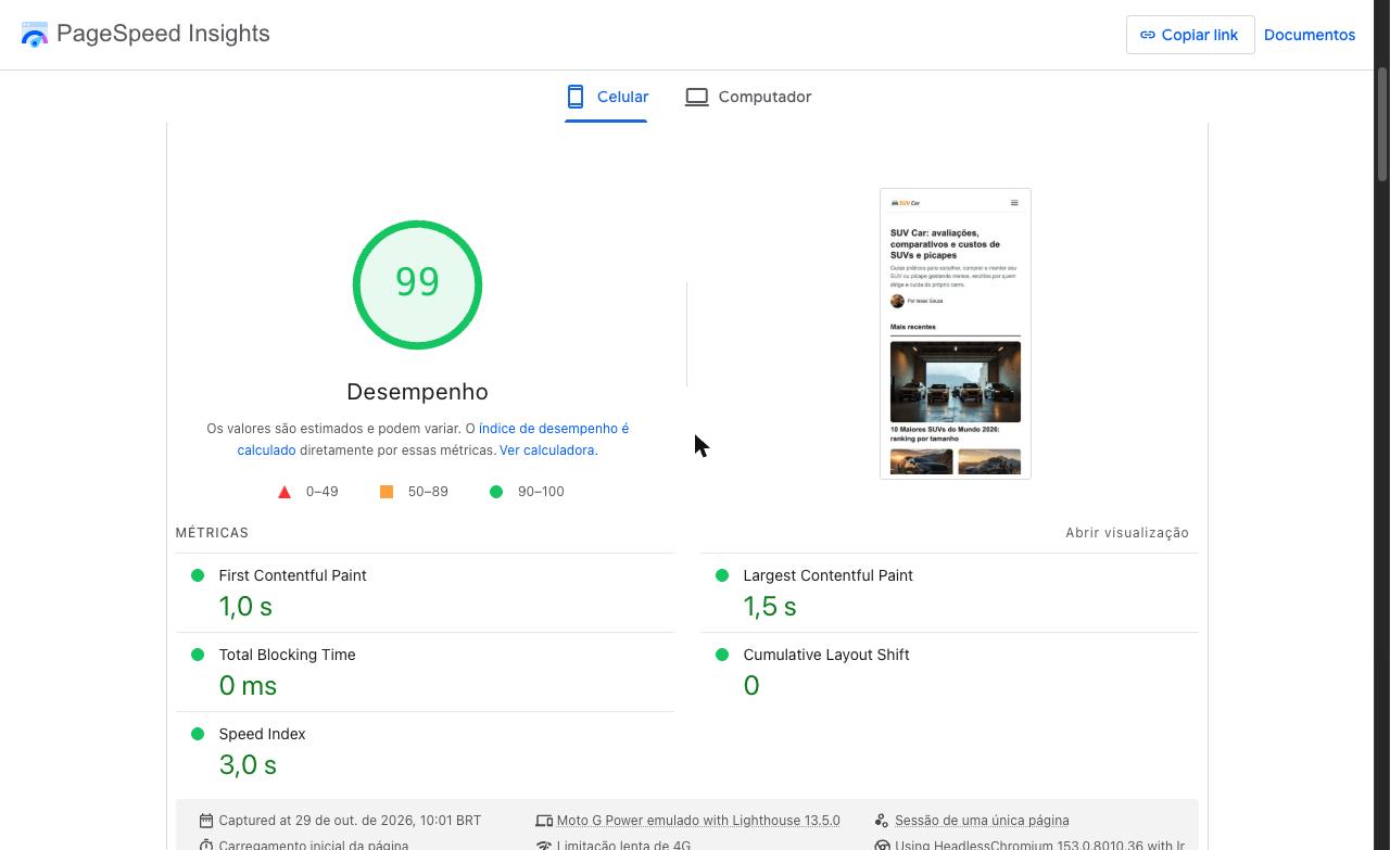 Métricas do SUV Car no PageSpeed: FCP 1,0 s, LCP 1,5 s, TBT 0 ms e CLS 0