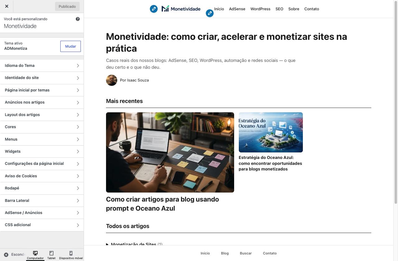 Painel Personalizar do tema ADMonetiza com as seções de configuração